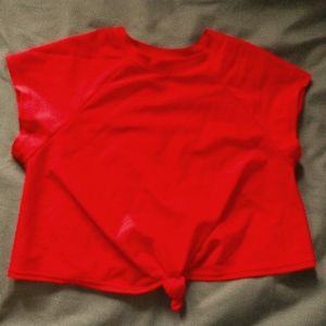 Red cropped swim top with tie detail